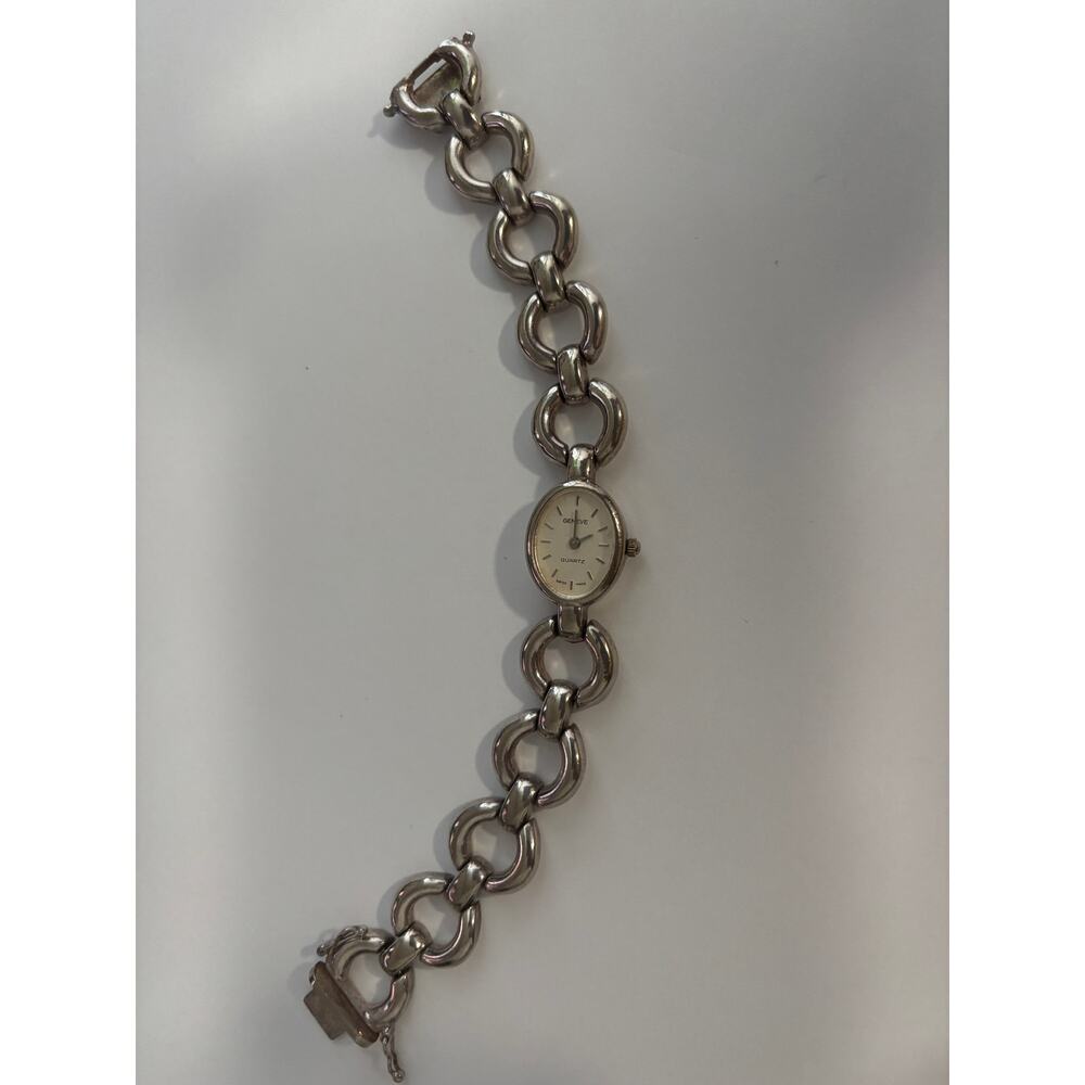Vintage Geneve Sterling Silver Watch & Bracelet Chunky Links Italy Made